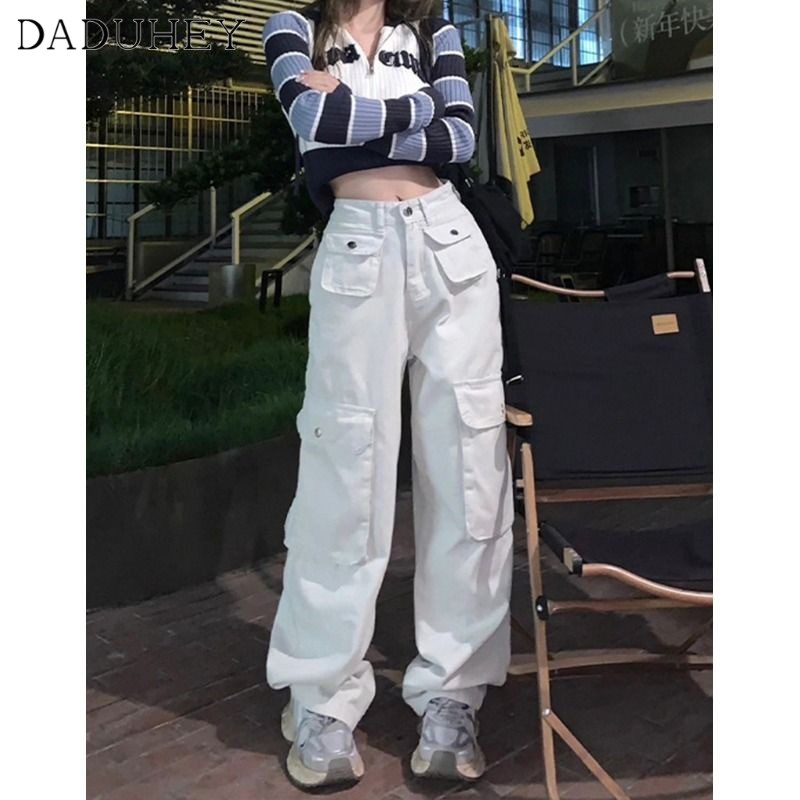 DaDuHey Women's American Style Retro Casual Wide-Leg Overalls Hot Girl Casual High Waist Slimming Mop Cargo Pants
