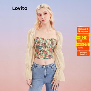 Lovito เสื้อเบลาส์แต่งผ้าต่าข่าย ลูกไม้ ลายดอกไม้ L30AD079 (หลากสี)