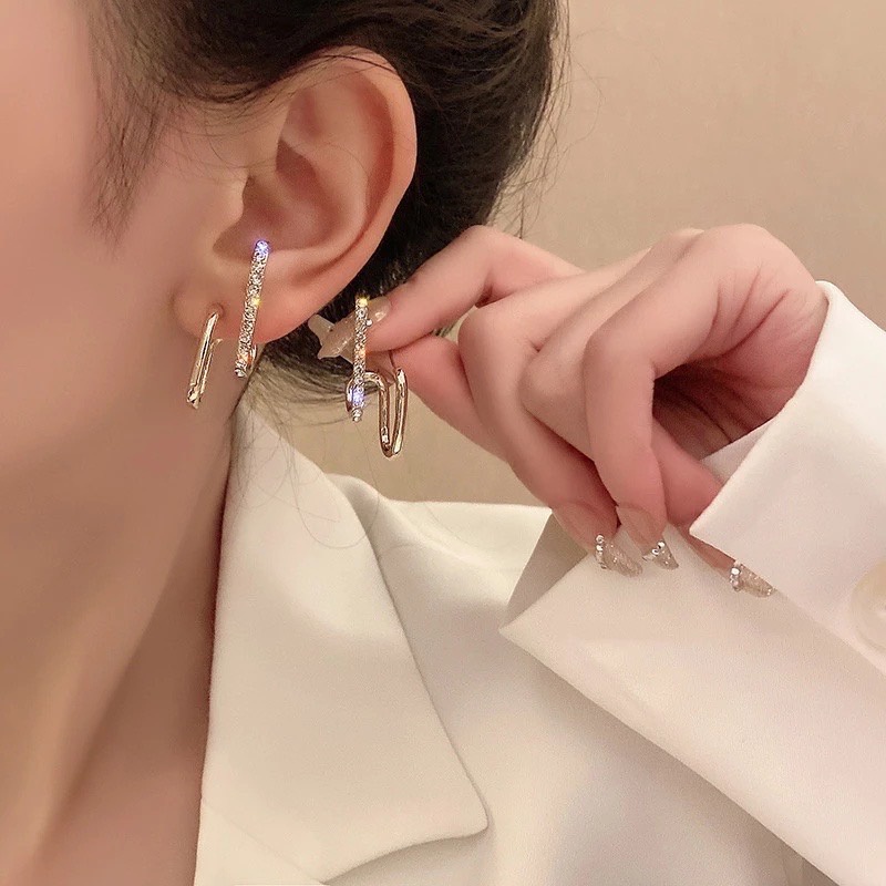 พร้อมส่ง จากไทย ต่างหูเพชรสองชั้น ต่างหู รูปตัว U หรูหรา แฟชั่นเกาหลี เครื่องประดับ สำหรับผู้หญิง AE51