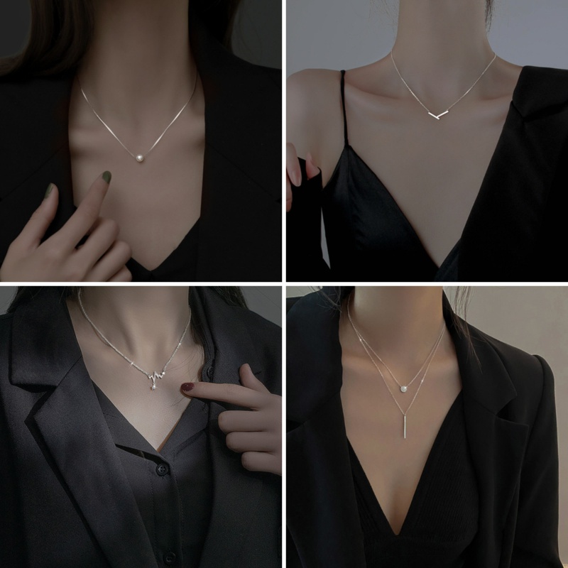 ส925สร้อยคอเพชรแฟลชมุกชุบเงินโซ่กระดูกไหปลาร้าสองชั้นสีเงินเรียบง่ายสําหรับผู้หญิง