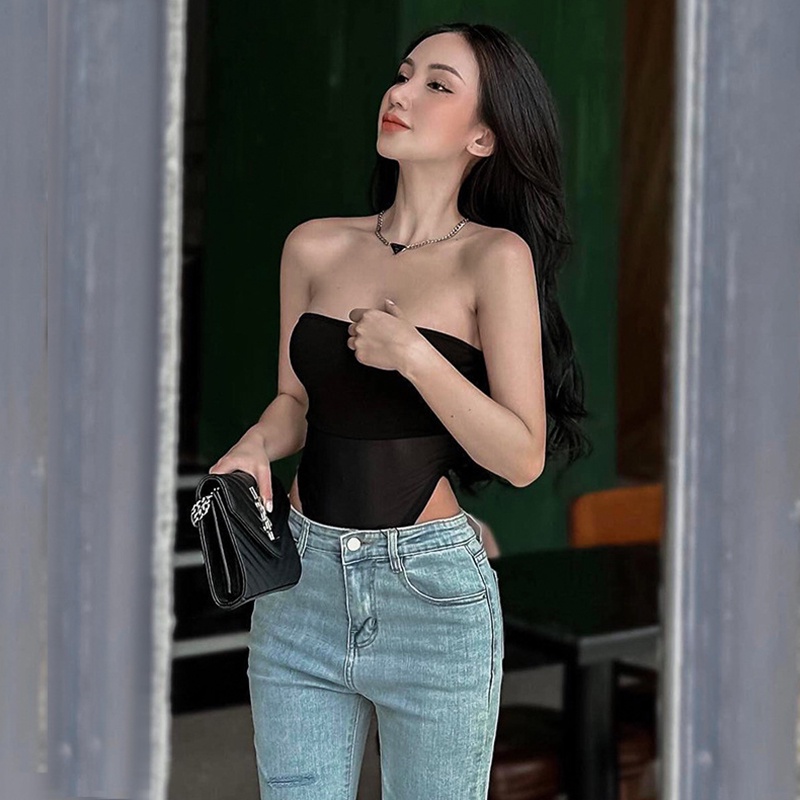 Secondly-women Wrap Chest Bodysuits สีทึบตาข่าย Spliced เรือคอ Strapless Backless Skinny Rompers
