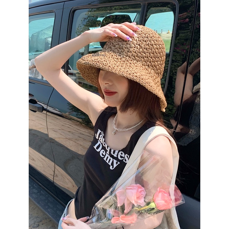 หมวกฟางปีกกว้าง แต่งลูกไม้ ประดับโบว์ สามารถพับได้ เหมาะกับเดินชายหาด แฟชั่นฤดูร้อน สําหรับผู้หญิง