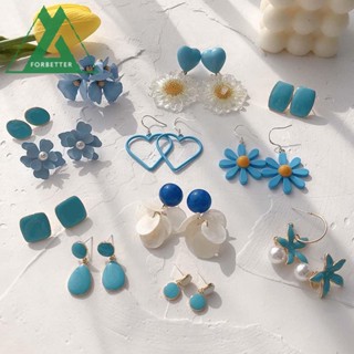 FORBETTER Blue Geometric Resin Acrylic Flower Dangle Earrings