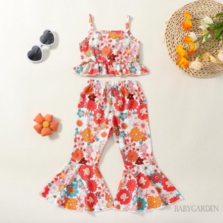 Babygarden-1-5 ปี ชุดเสื้อผ้าเด็กผู้หญิง, สายสปาเก็ตตี้ พิมพ์ลายดอกไม้ แต่งระบาย ยกทรง พร้อมกางเกงบาน ชุดลําลอง