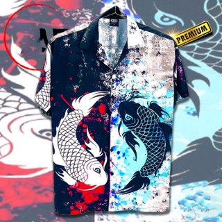 เสื้อฮาวาย ปลาคาร์ฟสีเลอะแดงฟ้า