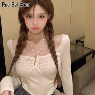 RUO BEI XUAN เสื้อยืดสตรีฤดูร้อนใหม่หวานและเผ็ดเสื้อยืดทรงสลิมฟิตด้านหลัง