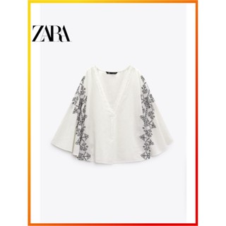 Zara ใหม่ เสื้อท็อป ผ้าลินิน ปักลาย TRF สําหรับผู้หญิง 7521018 712
