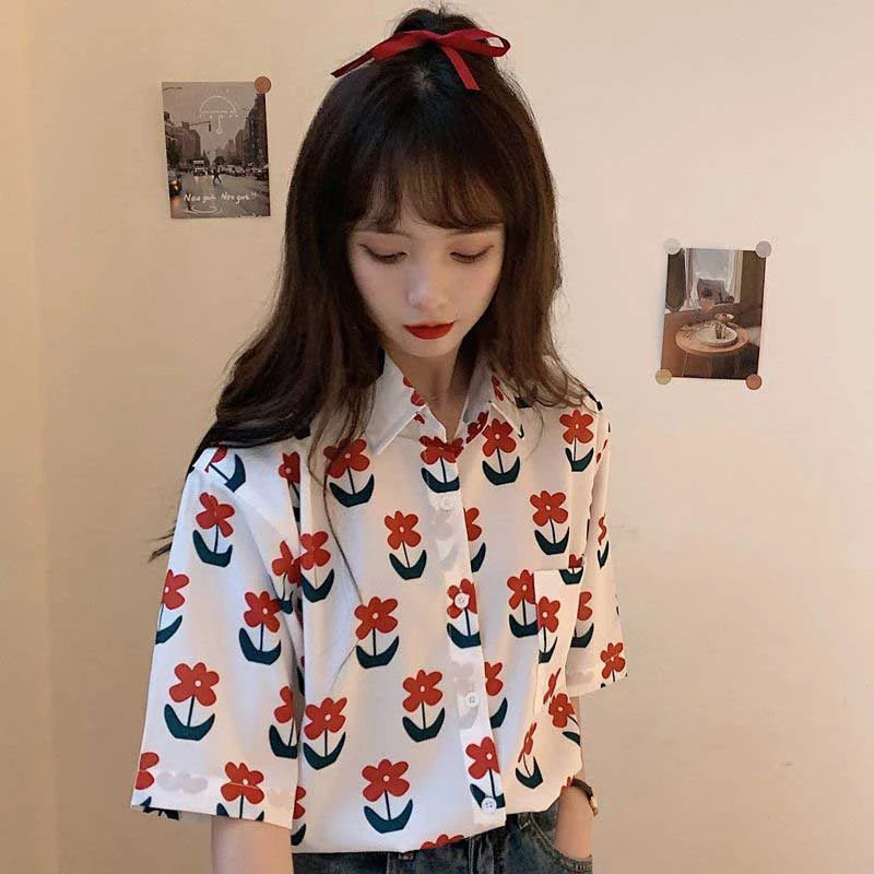 เสื้อเชิ้ตคอปกแขนสั้นผู้หญิง สไตล์เกาหลีลายดอกไม้ thumbnail 4
