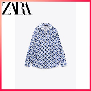 Zara ใหม่ เสื้อเชิ้ต ผ้าลินิน พิมพ์ลาย สําหรับผู้หญิง