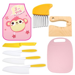 8pcs Plastic Gifts Dishwasher Safe Wooden For Cooking Serrated Colorful Potato Slicer Kitchen Apron Kids Set