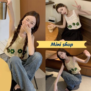 Mini shop🌸พร้อมส่ง🌸 (9256)เสื้อถักไหมพรม ลานดอกไม้สีเขียวน่ารักมาก -C