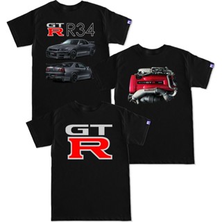 เสื้อยืดผ้าฝ้ายพิมพ์ลายนิสสัน GTR เส้นขอบฟ้า R34 ชุดเครื่องยนต์แลกเปลี่ยนป้ายเทอร์โบเสื้อยืด