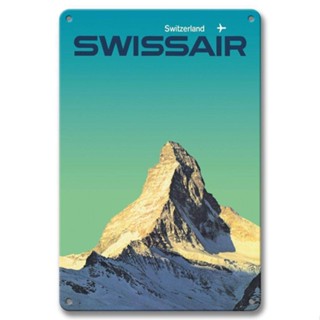 ป้ายโลหะดีบุก สไตล์วินเทจ Switzerland SwissAir Matterhorn โดย Manfred Bingler