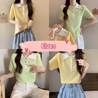 Elves✨พร้อมส่ง✨ เสื้อไหมพรมคอปก แขนสั้นกระดุมแกะได้  สีสันสดใส มี 2 สี ~99130~ -C