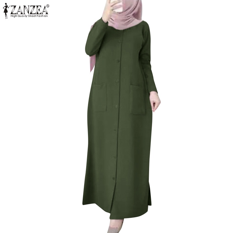 Zanzea ชุดเดรสยาว แขนยาว มีกระเป๋า ลําลอง สีพื้น สไตล์มุสลิม สําหรับผู้หญิง