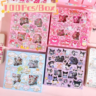 ชุดสติกเกอร์ PVC ลายการ์ตูน Sanrio Kuromi Cinnamoroll กันน้ํา สําหรับตกแต่งสมุดภาพ 100 ชิ้น ต่อกล่อง