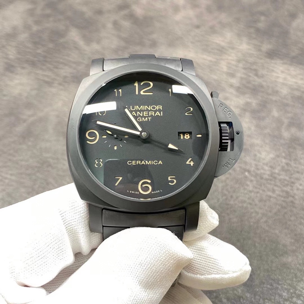 LUMINOR Panerai_ นาฬิกาข้อมือเรืองแสง GMT 44 มม. PAM438 CERAMICA สําหรับผู้ชาย