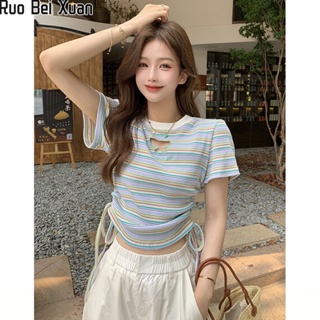 RUO BEI XUAN ผู้หญิงใหม่ผ้าฝ้ายเสื้อยืดผู้หญิงแขนสั้นไหล่สั้นลายบางด้านบน