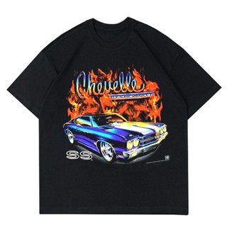 พร้อมส่ง ผ้าฝ้ายบริสุทธิ์ T-shirt     VINTAGE MUSCLE CAR CHVROLET T-SHIRT VINTAGE RACING CAR FIRE BAJU HITAM MOBIL BALAP