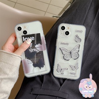 เคสโทรศัพท์มือถือแบบนิ่ม TPU ใส กันกระแทก ลายผีเสื้อ สีดํา พร้อมช่องใส่บัตร สําหรับ iPhone 14 13 12 11 Pro Max X Xr Xs Max 8 7 Plus SE2020