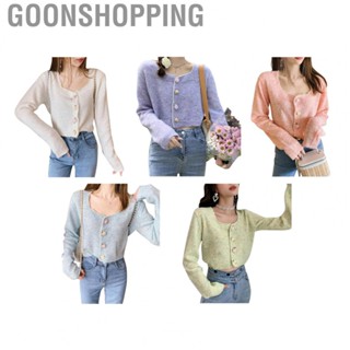 Goonshopping Open Front Button Knit   Cute Flower Trim Short Button Knit  Soft Breathable  for Autumn for Female