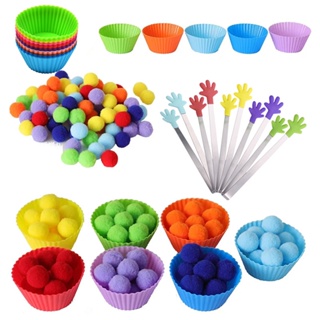 Counting Plush Pom Pom Balls Rainbow Color Sorting Toys Tweezers Fine Motor Skill Toys Baby Kids Early Montessori Education Toy