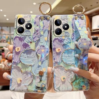 ใหม่ เคสโทรศัพท์มือถือ TPU นิ่ม ปิดด้านหลัง ลายดอกไม้ สีม่วง สีชมพู พร้อมสายรัดมือ สําหรับ Realme C53 10 Pro 5G Coca-Cola Edition 2023 RealmeC53