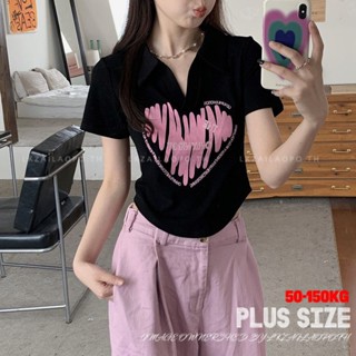 Plus size เสื้อผ้าสาวอวบ❤ เสื้อยืดสาวอวบอ้วน ไซส์ใหญ่ ผู้หญิง แขนสั้น เสื้อยืดครอป ทรงสลิมฟิต คอปก พิมพ์ ฤดูร้อน สไตล์เกาหลีแฟชั่น