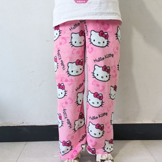 SANRIO 【สีใหม่】ชุดนอนกางเกงลําลอง ผ้าฟลีซ แบบนิ่ม ลายการ์ตูน Hello Kitty เหมาะกับของขวัญวันเกิด สําหรับผู้หญิง