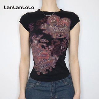 Lanlanlolo เสื้อยืดลําลอง แขนสั้น คอกลม เข้ารูป พิมพ์ลาย สีตัดกัน สไตล์เรโทร แฟชั่นสําหรับสตรี 2023