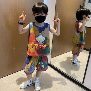 Boys Summer Sleeveless Ultraman Suit 2023 New Baby Cartoon Vest Two-Piece Set Summer Cool Clothes 7tRv