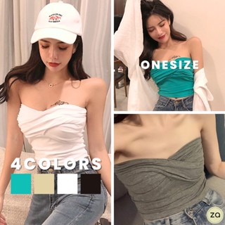 💥HOT SALE💥เสื้อครอป เกาะอกแต่งม้วน ผ้าคอตตอน 5 สี