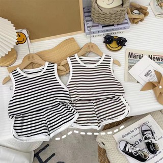 พร้อมส่ง ชุดกีฬา เสื้อกั๊ก แขนกุด แบบบาง ลายทาง แฟชั่นฤดูร้อน สําหรับเด็กผู้ชาย และเด็กผู้หญิง