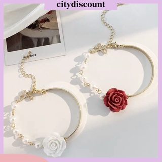 &lt;citydiscount&gt; สร้อยข้อมือ กําไลข้อมือ ชุบไฟฟ้า รูปดอกกุหลาบ ประดับโบว์ ไข่มุกเทียม ปรับได้ คุณภาพสูง เครื่องประดับ สําหรับผู้หญิง