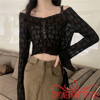 Topone- เสื้อครอปท็อปแขนยาว เปิดไหล่ แต่งหัวเข็มขัด สําหรับผู้หญิง