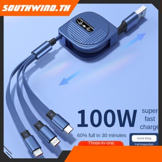 HOT！ 100W รองรับ Super Fast Charging Telescopic One-to-3 Data Cable สำหรับ Apple Android Huawei Fast Charging Line