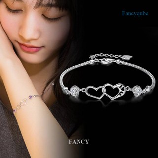 Fancy สร้อยข้อมือเงินแท้ 925 จี้รูปหัวใจ ประดับคริสตัล สีม่วง สไตล์วินเทจ สําหรับผู้หญิง