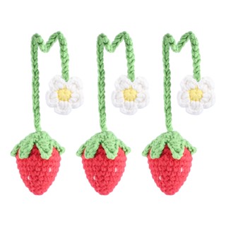 3pcs Home Bag Interior Knitted Rearview Mirrior Crochet Strawberry Car Hanging Ornament