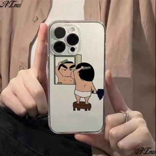 เคสโทรศัพท์มือถือแบบนิ่ม ใส พร้อมกระจก สําหรับ Iphone xs 8p 13 12 14promax 11✅เคสป้องกัน ลายการ์ตูนชินจัง สําหรับ Apple 2JSO