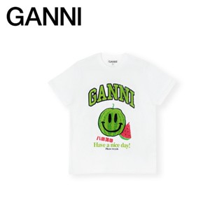 [สินค้าใหม่] Ganni เสื้อยืดลําลอง แขนสั้น คอกลม พิมพ์ลายแตงโม หน้ายิ้ม สีขาว สําหรับสตรี3616151