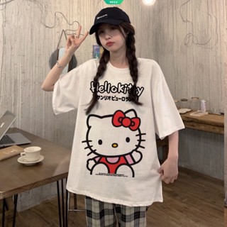 เสื้อยืดแขนสั้นลําลอง ทรงหลวม พิมพ์ลาย Hello Kitty แฟชั่นฤดูร้อน สไตล์เกาหลี สําหรับผู้หญิง 2023