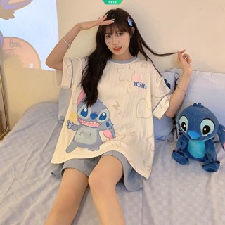 ใหม่ ชุดนอน เสื้อแขนสั้น กางเกงขาสั้น ผ้าฝ้าย ลายการ์ตูน Stitch น่ารัก ทรงหลวม ใส่สบาย สองชิ้น สไตล์เกาหลี แฟชั่นฤดูร้อน สําหรับสตรี นักเรียน 2023