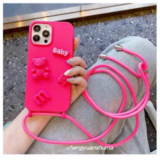 เคสโทรศัพท์มือถือ ซิลิโคนนิ่ม ลายหมี พร้อมสายคล้องไหล่ และสายคล้องคอ สําหรับ iPhone 14 11 12 13 Pro 14Pro Max