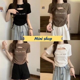 Mini shop🌸พร้อมส่ง🌸 (79002) เสื้อแขนสั้น ไหมพรมคอกลม ดีเทลเว้าหน้าอกเล็ก 5สี -C