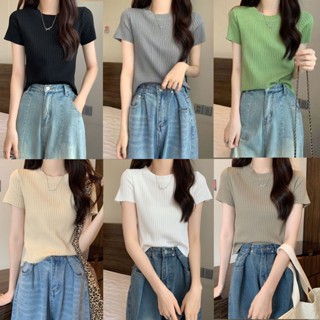 Shein 🔥เสื้อยืดไหมพรมแขนสั้น เสื้อไหมพรมยืดหยุ่น ฟรีไซส์  ผ้านิ่มๆใส่สบาย 51062