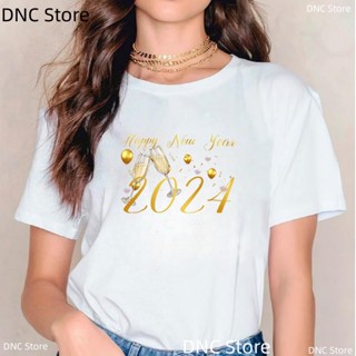 เสื้อยืด พิมพ์ลาย Hello New Year 2024 แฟชั่นใหม่ สําหรับผู้หญิง