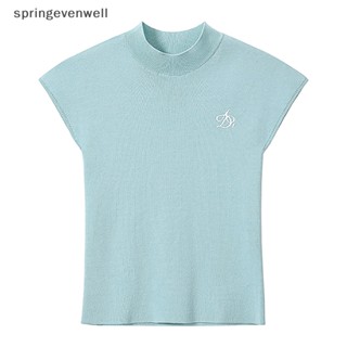 [springevenwell] ใหม่ พร้อมส่ง เสื้อครอปท็อป คอเต่า แขนสั้น ผ้าถัก ปักลายตัวอักษร สไตล์เรโทร ฤดูร้อน สําหรับผู้หญิง