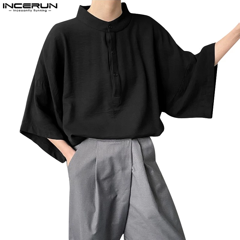 Incerun เสื้อเชิ้ตแขนสั้น คอปก ทรงหลวม สีพื้น สไตล์เกาหลี สําหรับผู้ชาย