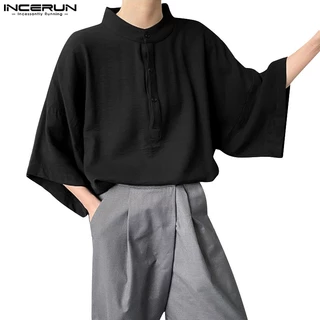 Incerun เสื้อเชิ้ตแขนสั้น คอปก ทรงหลวม สีพื้น สไตล์เกาหลี สําหรับผู้ชาย