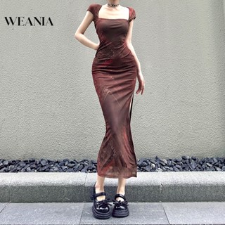 Weania ชุดเดรสยาว คอสี่เหลี่ยม ผ้าตาข่าย ผ่าสูง สองชั้น สําหรับสตรี